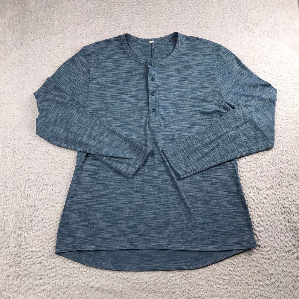 Lululemon Pulse Slub Henley Shirt Mens L Blue Heathered Long Sleeve Leightweight